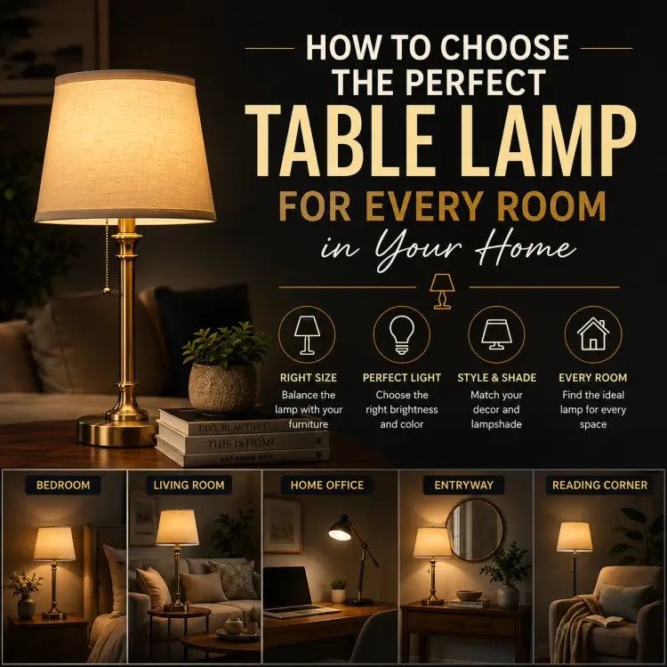 Modern table lamp guide showing how to choose the perfect table lamp for bedrooms, living rooms, home offices, entryways, and reading corners with lighting and décor tips.