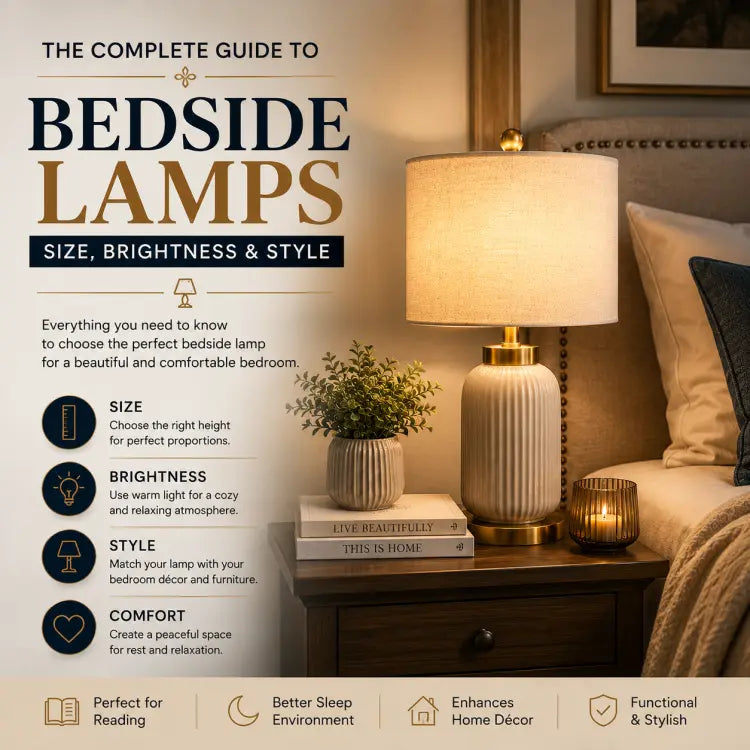 Modern bedside table lamp with warm ambient lighting in a cozy bedroom, showcasing the perfect lamp size, brightness, and stylish home decor inspiration.