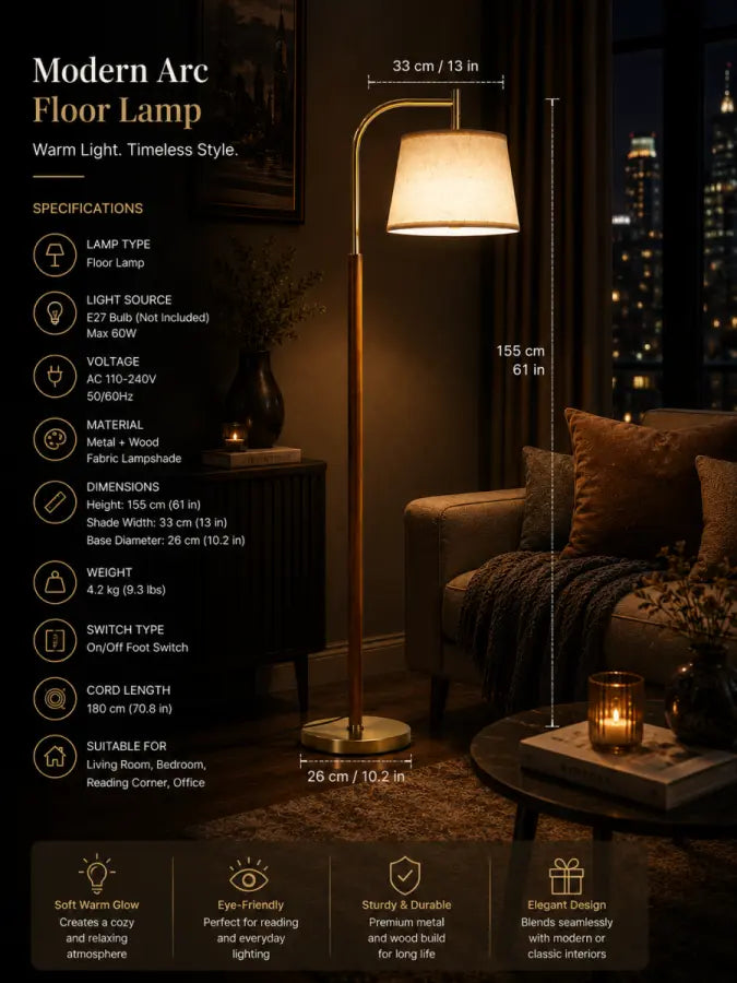 65" Mid-Century Modern Arc Floor Lamp | Dimmable Gold & Walnut Standing Lamp with Linen Shade & LED Bulb for Living Room, Bedroom, Reading Room, Office & Nursery