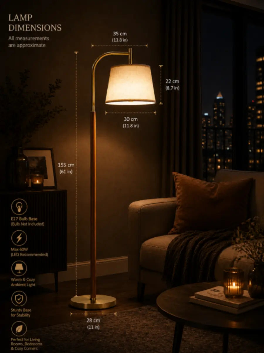 65" Mid-Century Modern Arc Floor Lamp | Dimmable Gold & Walnut Standing Lamp with Linen Shade & LED Bulb for Living Room, Bedroom, Reading Room, Office & Nursery
