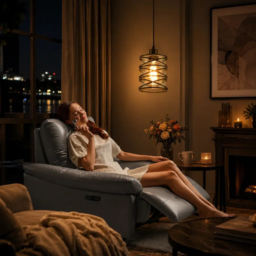A woman relaxes in a gray recliner chair in a cozy, warmly lit living room at night. The room features a hanging wire cage pendant light, a fireplace, and a window showing a city skyline at night.