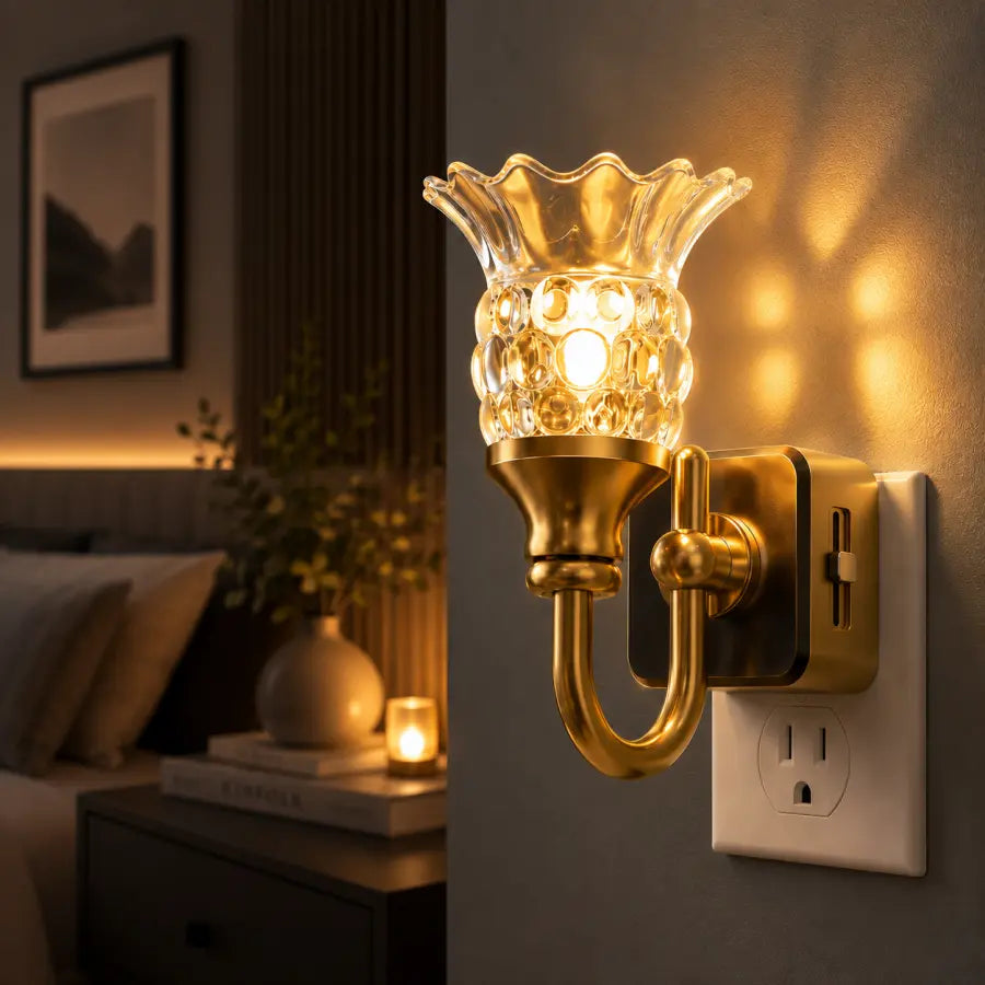 A warm gold wall sconce with a clear textured glass shade, shown lit and mounted on a wall next to a white outlet in a cozy bedroom setting.