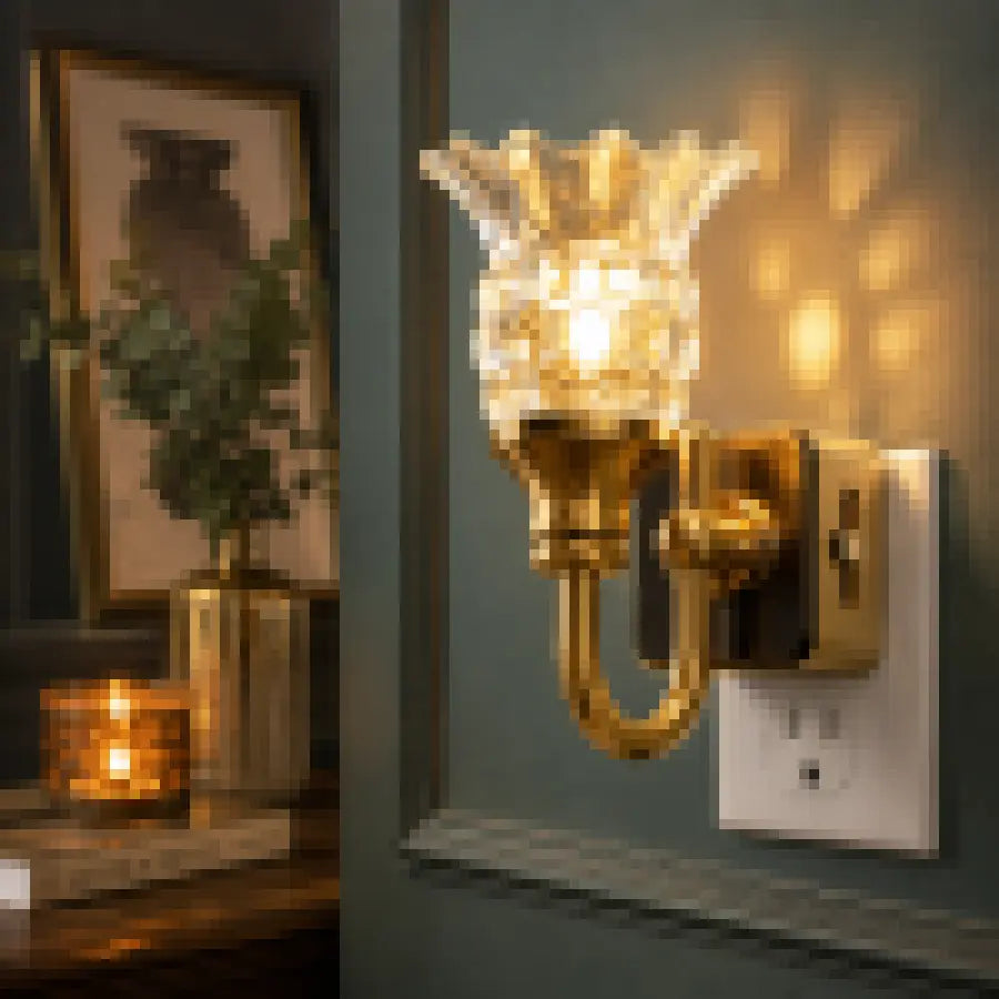 A wall-mounted sconce with a warm gold metal base and a textured, translucent clear glass shade, shown lit on a dark teal wall next to an outlet. The warm light casts a soft glow on the wall, and a blurred interior scene with a candle and framed picture is visible in the background.