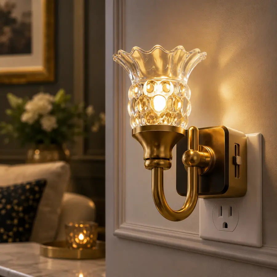 A brass wall sconce with a clear textured glass shade, illuminated and mounted on a white wall outlet in a home interior setting.