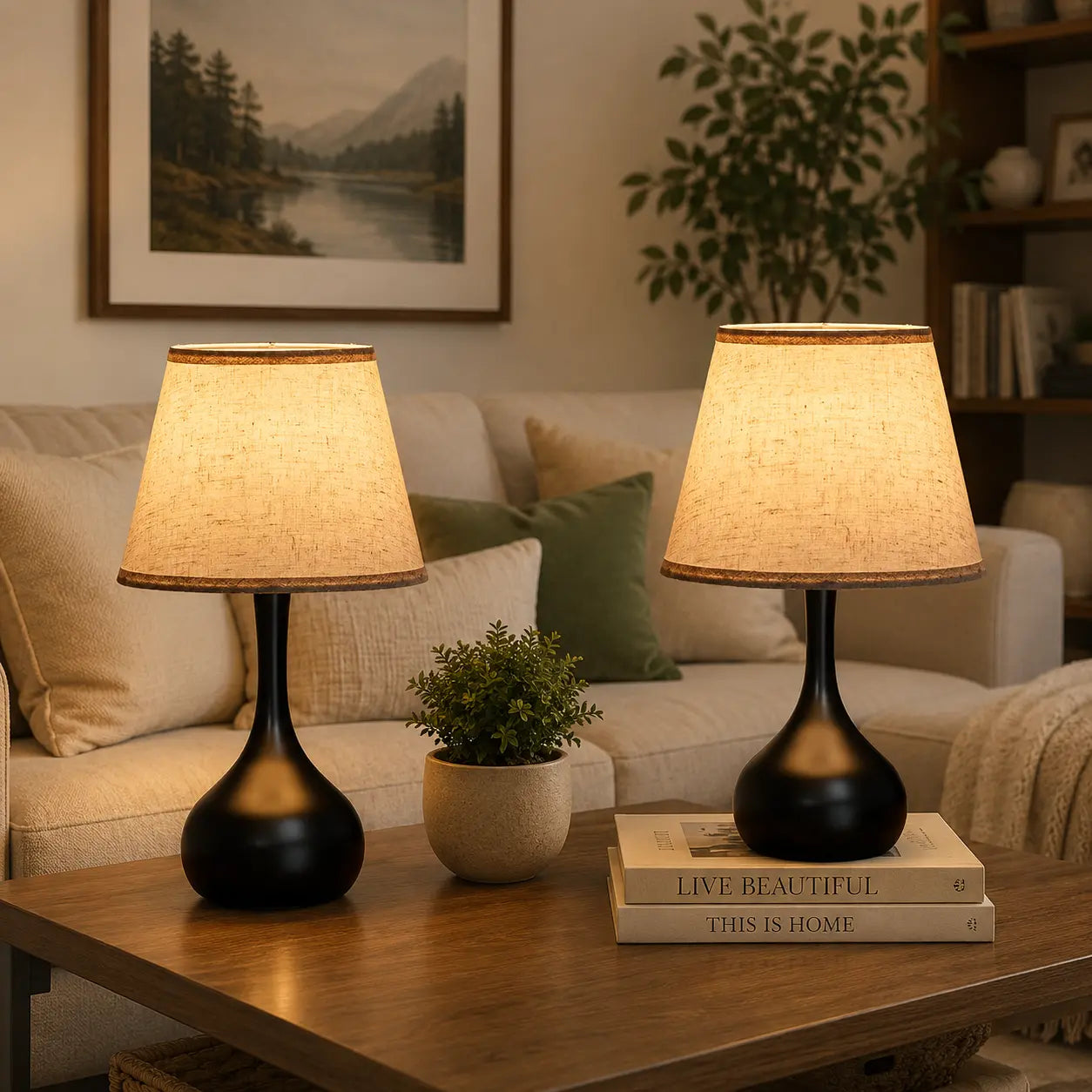 3-way dimmable touch table lamp with lilen fabric , modern black bedside lamp on a wooden side table in a cozy living room