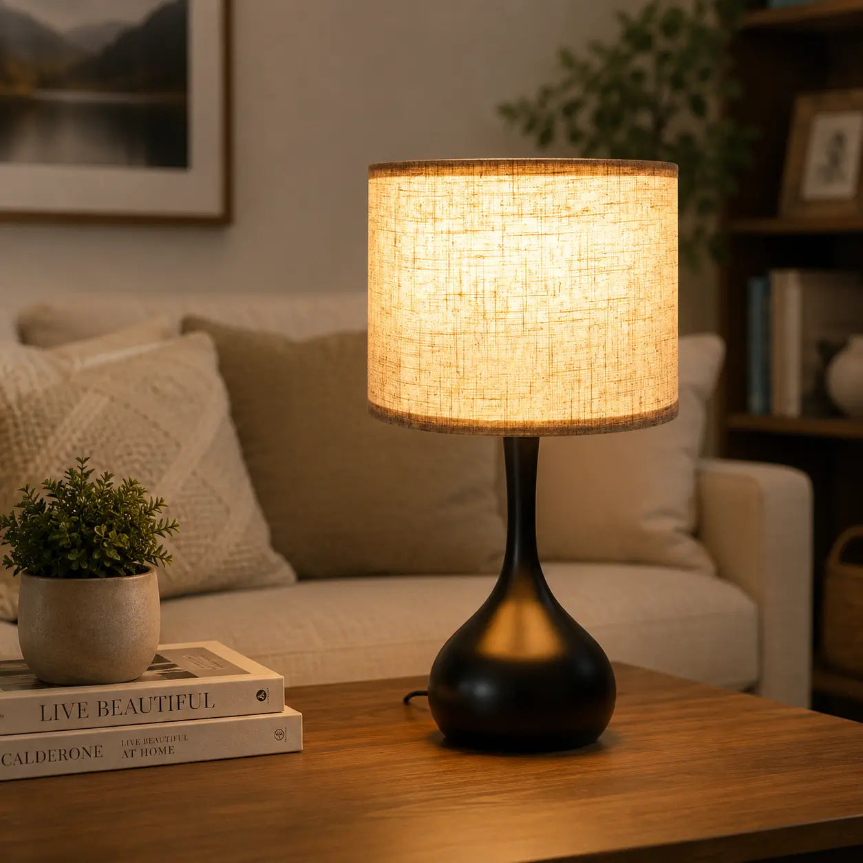 3-way dimmable touch table lamp with lilen fabric , modern black bedside lamp on a wooden side table in a cozy living room