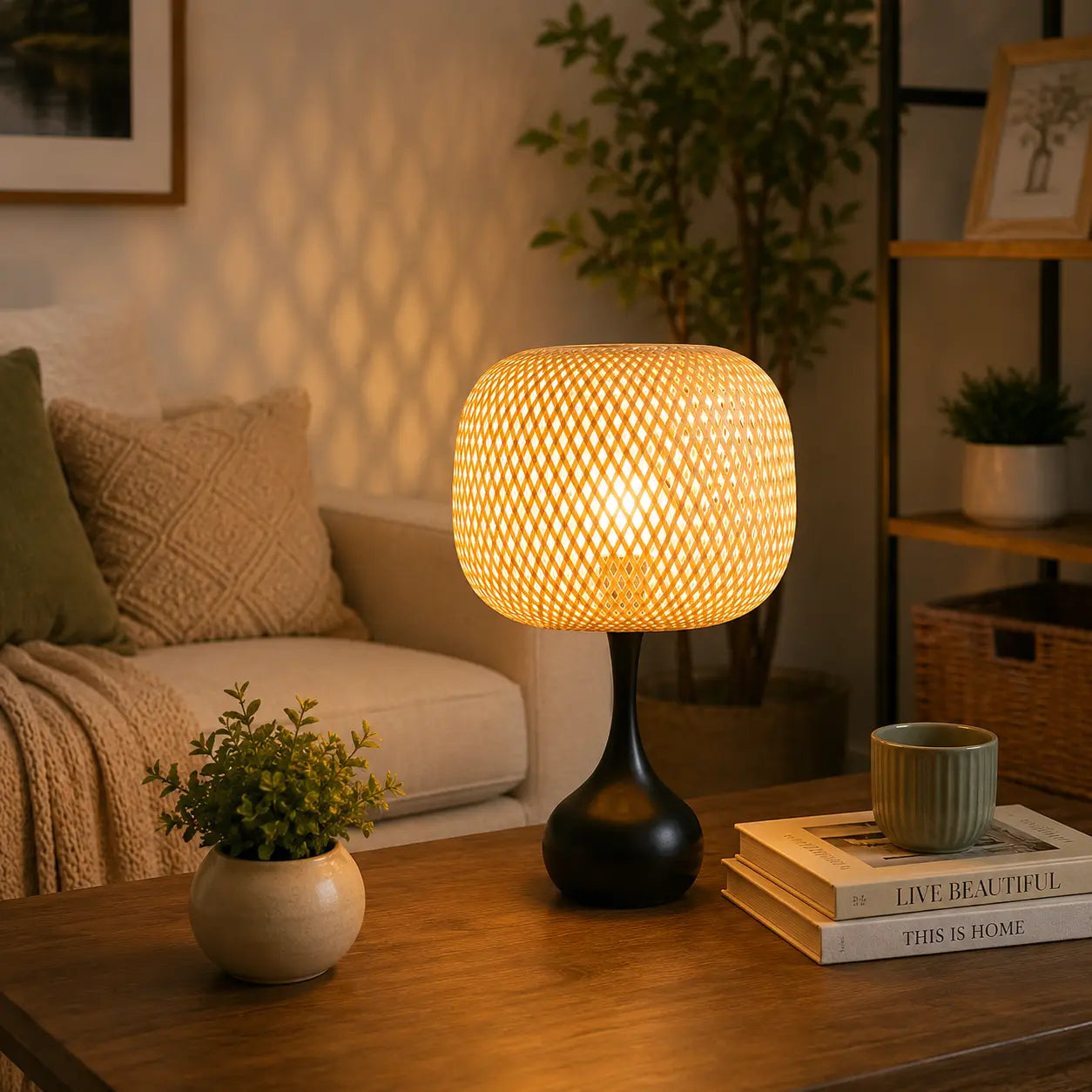 3-way dimmable touch table lamp with lilen fabric , modern black bedside lamp on a wooden side table in a cozy living room