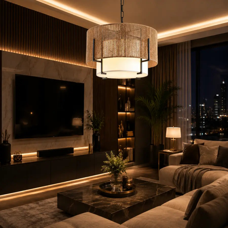 A modern cylindrical pendant light with a woven beige shade and white inner drum hangs in a stylishly lit contemporary living room with warm ambient lighting, a marble TV wall, and a city view at night.