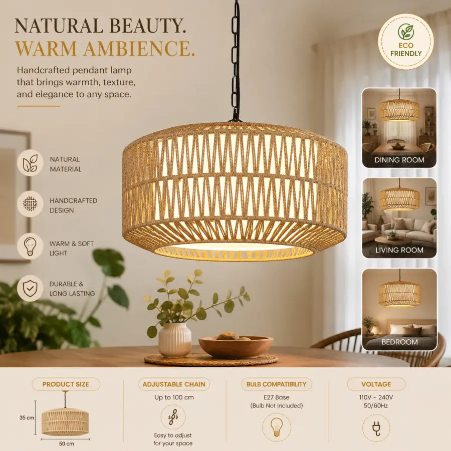 A woven pendant light fixture with a natural rattan or rope-wrapped drum shade hanging in a warm, styled interior. The image includes marketing text, room application examples (dining room, living room, bedroom), product size measurements, and technical specs like adjustable chain, base compatibility, and voltage.