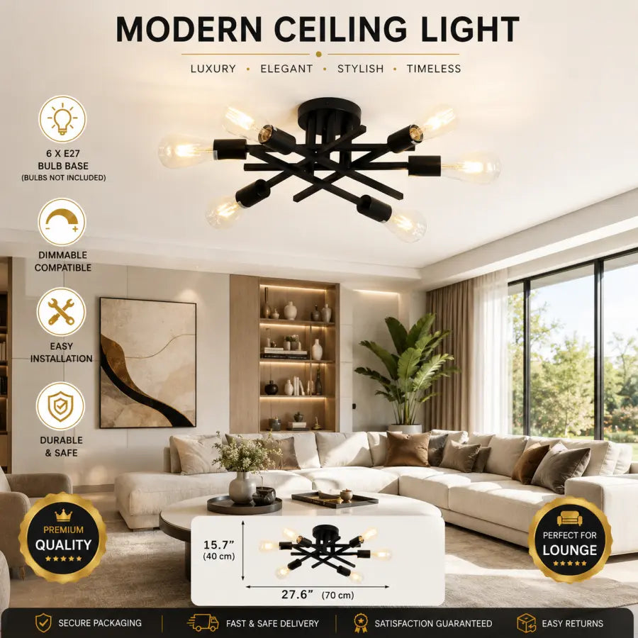 Modern multi-arm ceiling light fixture with six exposed Edison-style bulbs, shown installed in a bright contemporary living room. The image includes marketing text, size measurements, and feature icons for dimmability, easy installation, and durability.