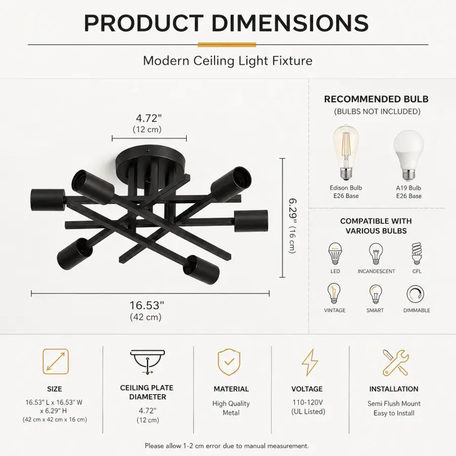 Product dimensions diagram for a modern ceiling light fixture, showing the black multi-arm ceiling mount with labeled measurements, bulb recommendations, bulb compatibility, and feature icons on a white background.