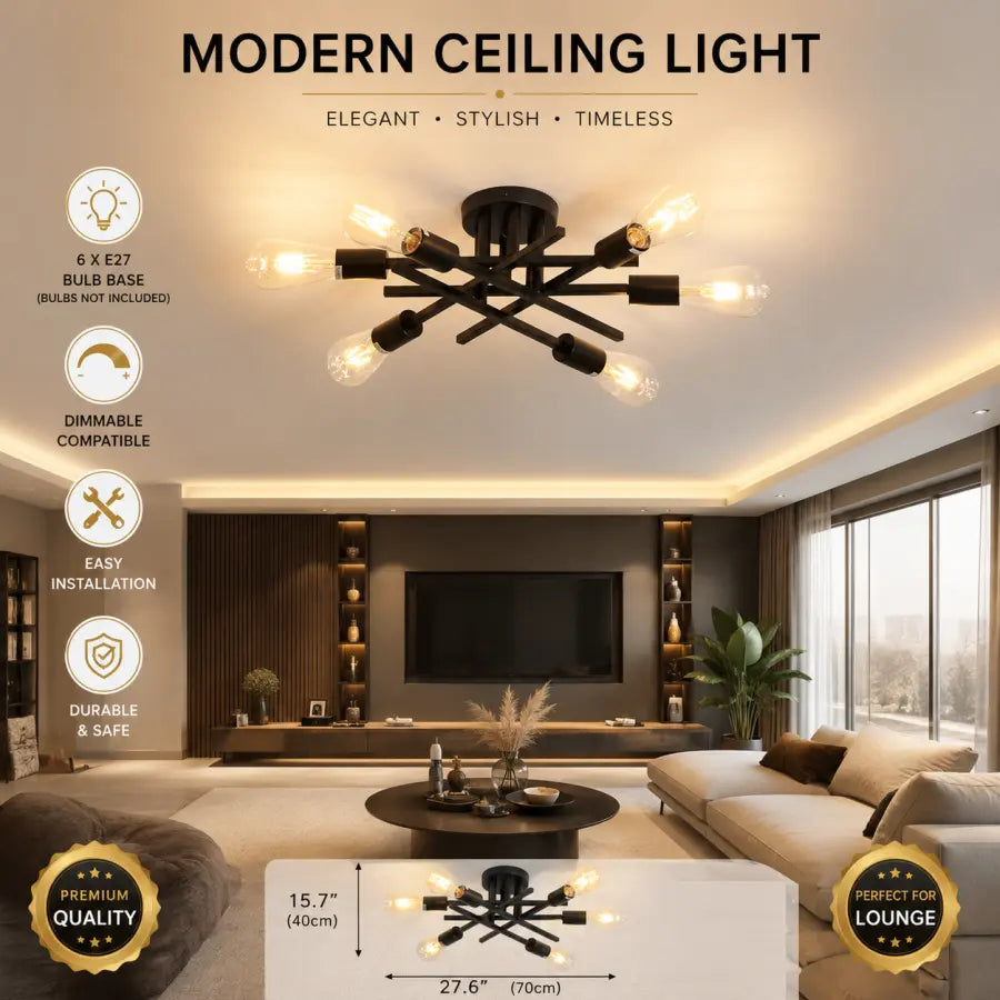Modern ceiling light fixture with six black metal arms and clear glass bulb sockets, shown installed in a contemporary living room. The image includes text overlays highlighting features such as '6 X E27 BULB BASE (BULB NOT INCLUDED)', 'DIMMABLE COMPATIBLE', 'EASY INSTALLATION', and 'DURABLE & SAFE', along with a bottom inset showing dimensions.