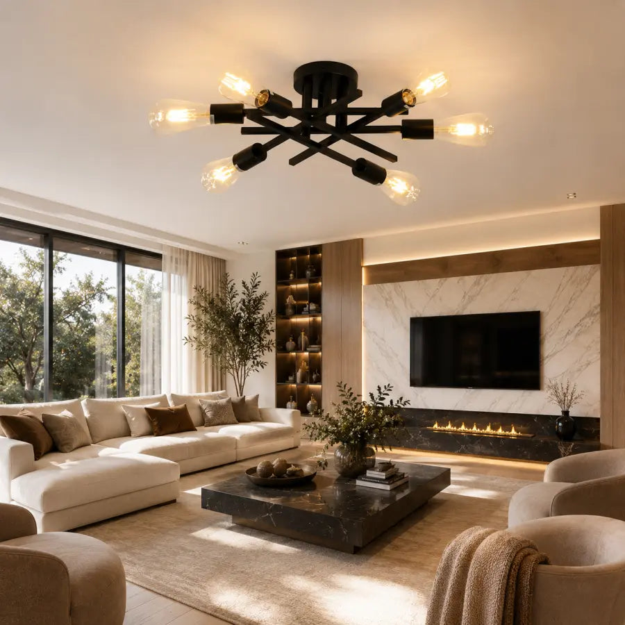 6-Light Modern Black Sputnik Ceiling Light Fixture Semi Flush Mount Matte Metal Chandelier E26 Base for Living Room, Bedroom, Dining Room & Kitchen