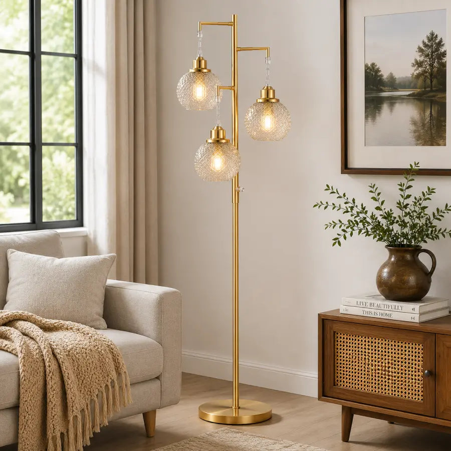 68 Brushed Gold Glass Floor Lamp for Living Room 3-Light Amber Diamond Glass Standing Lamp with Stepless Dimming & 3 LED Bulbs Included for Bedroom, Office & Modern Home Décor