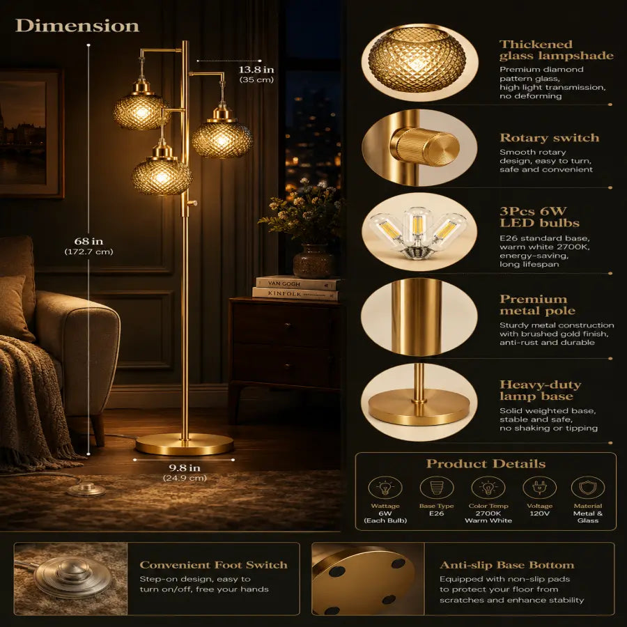 68 Brushed Gold Glass Floor Lamp for Living Room 3-Light Amber Diamond Glass Standing Lamp with Stepless Dimming & 3 LED Bulbs Included for Bedroom, Office & Modern Home Décor