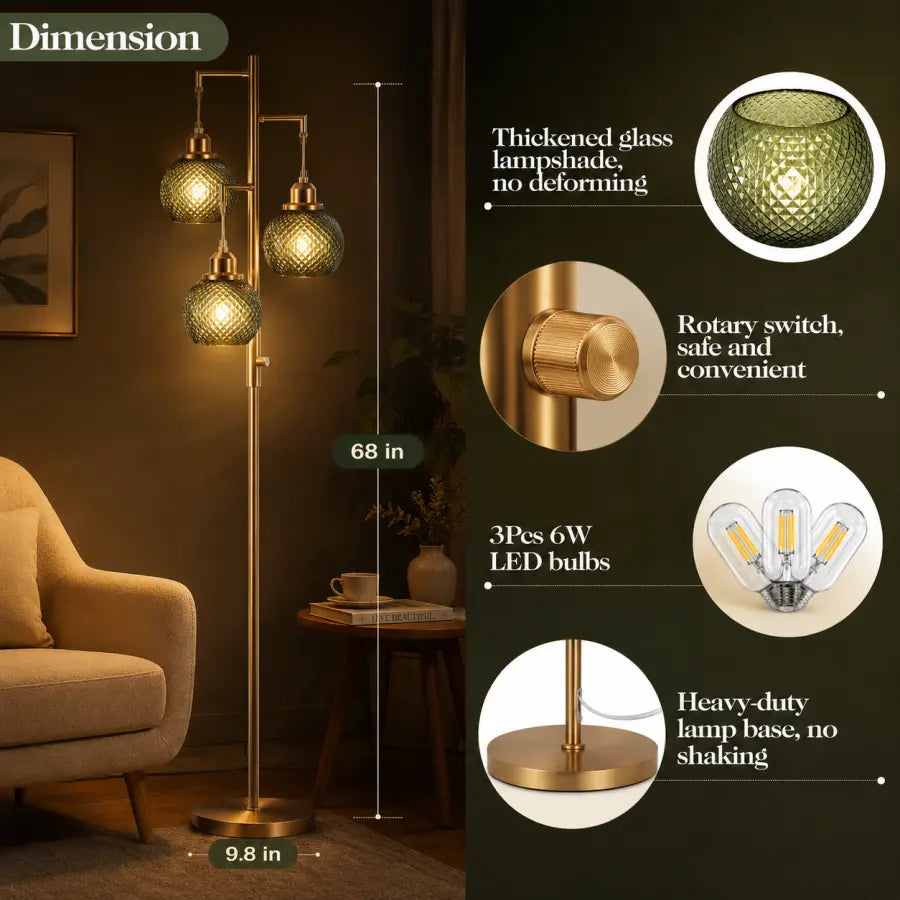 68 Brushed Gold Glass Floor Lamp for Living Room 3-Light Amber Diamond Glass Standing Lamp with Stepless Dimming & 3 LED Bulbs Included for Bedroom, Office & Modern Home Décor