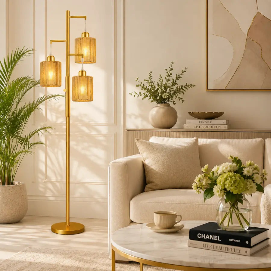 72" Boho Rattan Style Floor Lamp | 3-Light Gold Tree Standing Lamp with Hand-Woven Paper Cord Shades, Dimmable Industrial Floor Lamp for Living Room, Bedroom & Office