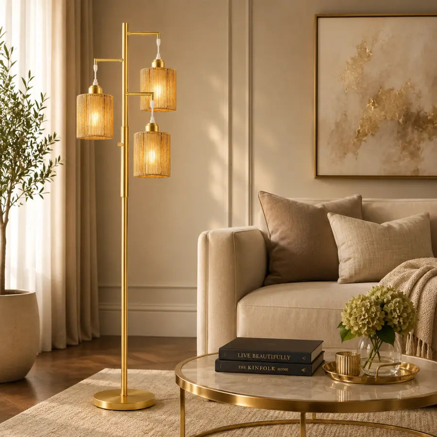 72" Boho Rattan Style Floor Lamp | 3-Light Gold Tree Standing Lamp with Hand-Woven Paper Cord Shades, Dimmable Industrial Floor Lamp for Living Room, Bedroom & Office