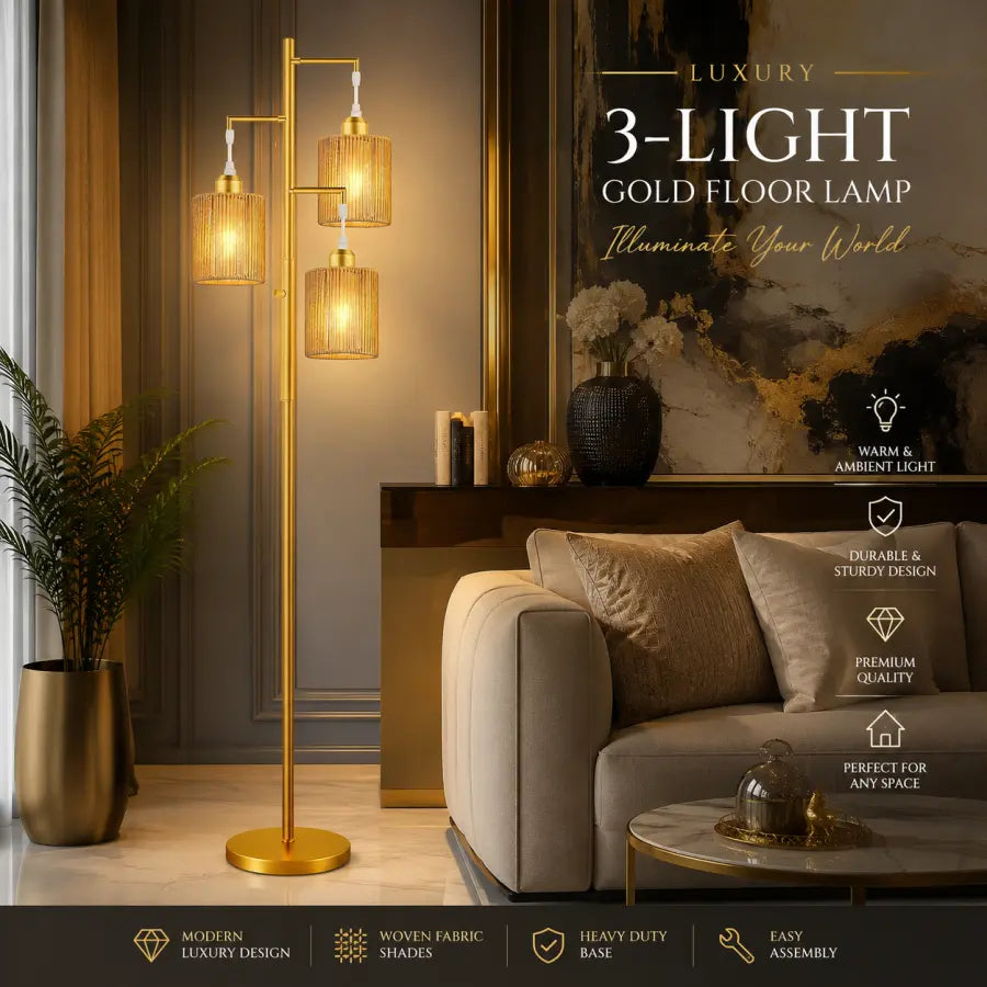 72" Boho Rattan Style Floor Lamp | 3-Light Gold Tree Standing Lamp with Hand-Woven Paper Cord Shades, Dimmable Industrial Floor Lamp for Living Room, Bedroom & Office