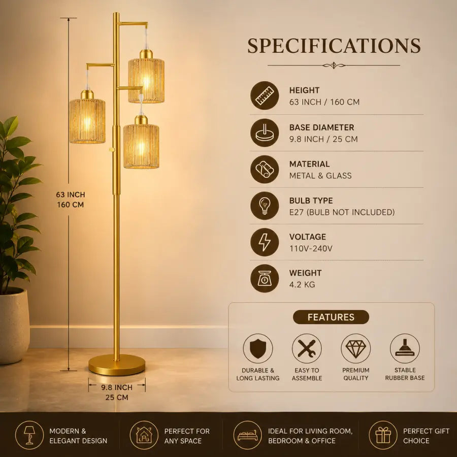 72" Boho Rattan Style Floor Lamp | 3-Light Gold Tree Standing Lamp with Hand-Woven Paper Cord Shades, Dimmable Industrial Floor Lamp for Living Room, Bedroom & Office