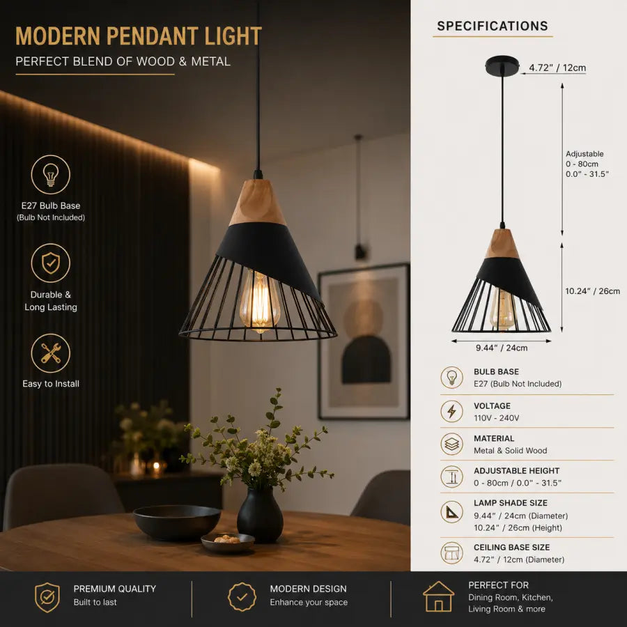 Black Wood Pendant Light Adjustable Hanging Ceiling Light for Kitchen Island, Dining Room, Bar, Bedroom & Hallway