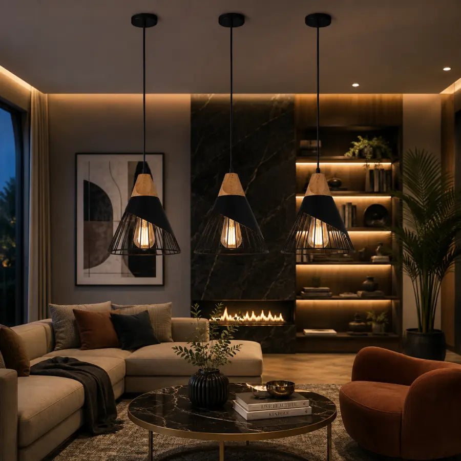 Black Wood Pendant Light Adjustable Hanging Ceiling Light for Kitchen Island, Dining Room, Bar, Bedroom & Hallway