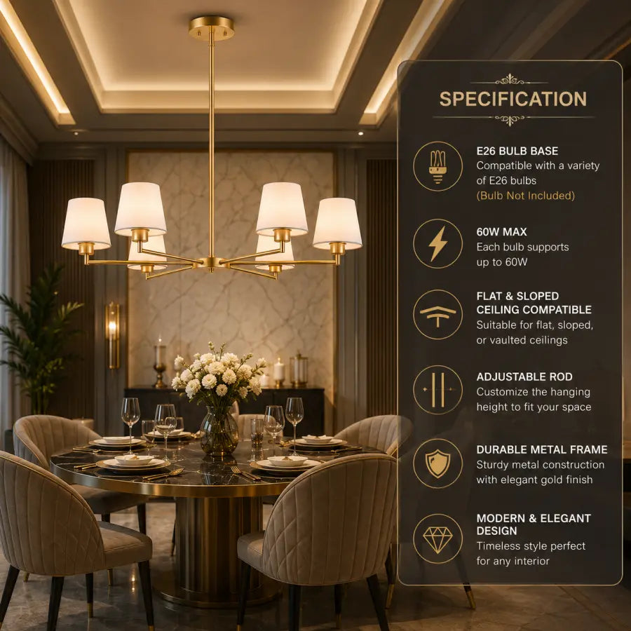 Luxury 36" Brass Gold 6-Light Chandelier | Antique Modern Dining Room Ceiling Light with White Fabric Shades – No Assembly Pendant Fixture for Kitchen Island, Bedroom & Living Room