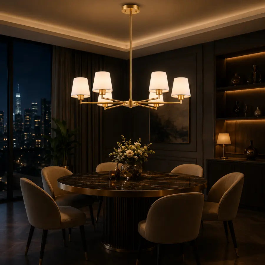 Luxury 36" Brass Gold 6-Light Chandelier | Antique Modern Dining Room Ceiling Light with White Fabric Shades – No Assembly Pendant Fixture for Kitchen Island, Bedroom & Living Room
