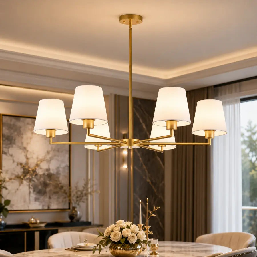 Luxury 36" Brass Gold 6-Light Chandelier | Antique Modern Dining Room Ceiling Light with White Fabric Shades – No Assembly Pendant Fixture for Kitchen Island, Bedroom & Living Room