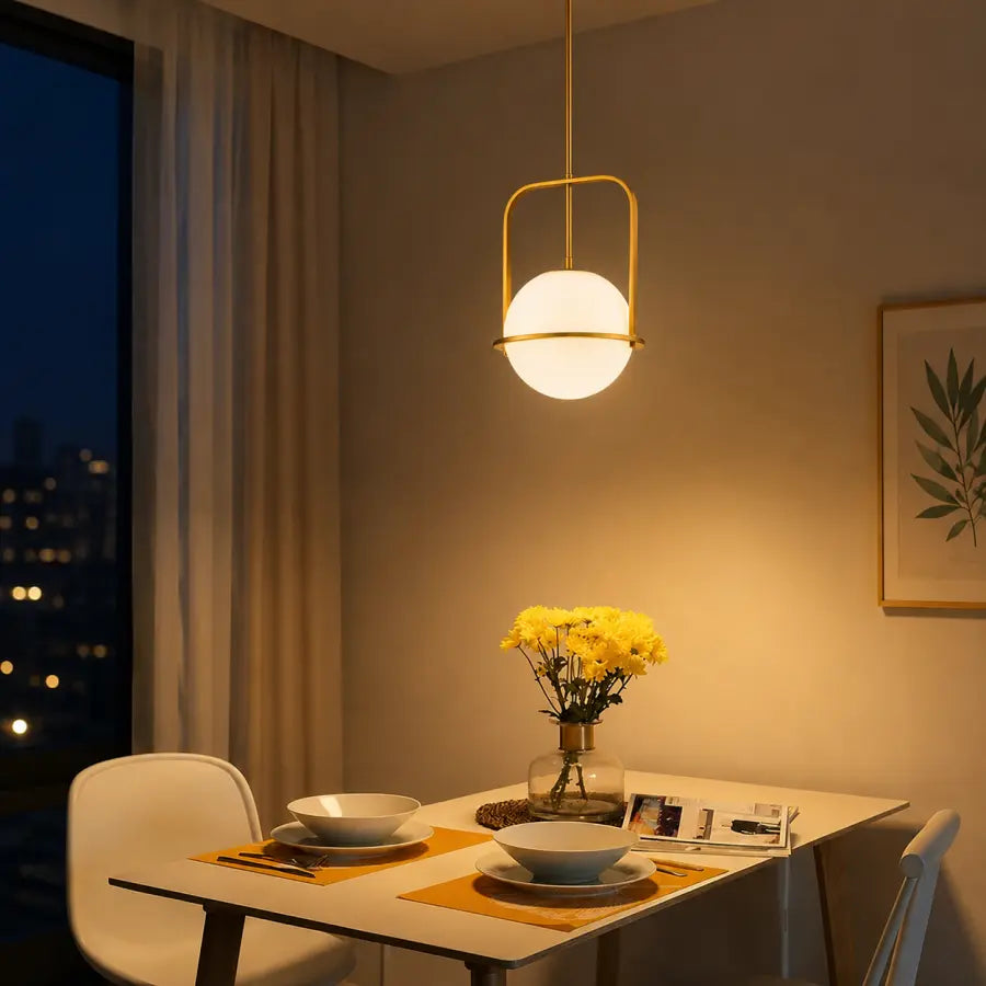A modern pendant light with a glowing white globe and a gold metal frame hangs over a dining table set for two in a warmly lit room at night.