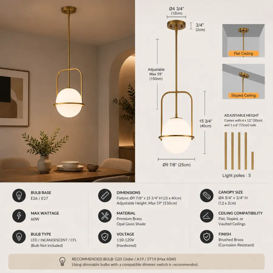 A brass and white globe pendant light fixture shown hanging in a modern living room interior, with overlaid dimension callouts, material and bulb information, and ceiling compatibility notes.