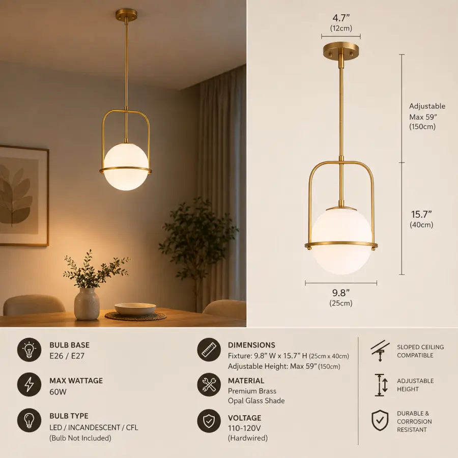 A brass pendant light with a frosted white glass globe shade, shown hanging in a warmly lit dining room. The image includes dimension callouts for the fixture and a bottom information panel with bulb base, wattage, bulb type, dimensions, material, and voltage details.
