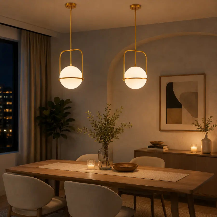 Two modern pendant lights with gold-finished frames and glowing white globe shades hang over a wooden dining table in a warmly lit contemporary dining room.