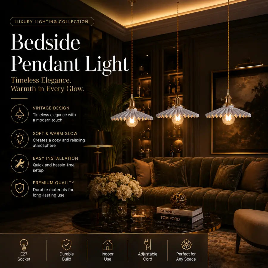 Luxury bedroom pendant light set shown hanging over a dark green velvet sofa in a dimly lit, elegant room. The lights have scalloped glass shades and warm Edison bulbs, with marketing text on the left and feature icons along the bottom.
