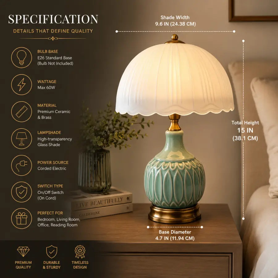 A decorative table lamp with a pleated white shade, a turquoise-green ceramic base, and a gold-toned metal top and foot ring, shown lit on a wooden bedside table. The image includes dimension callouts for shade width, total height, and base diameter, plus a left-side specification panel with icons and text.