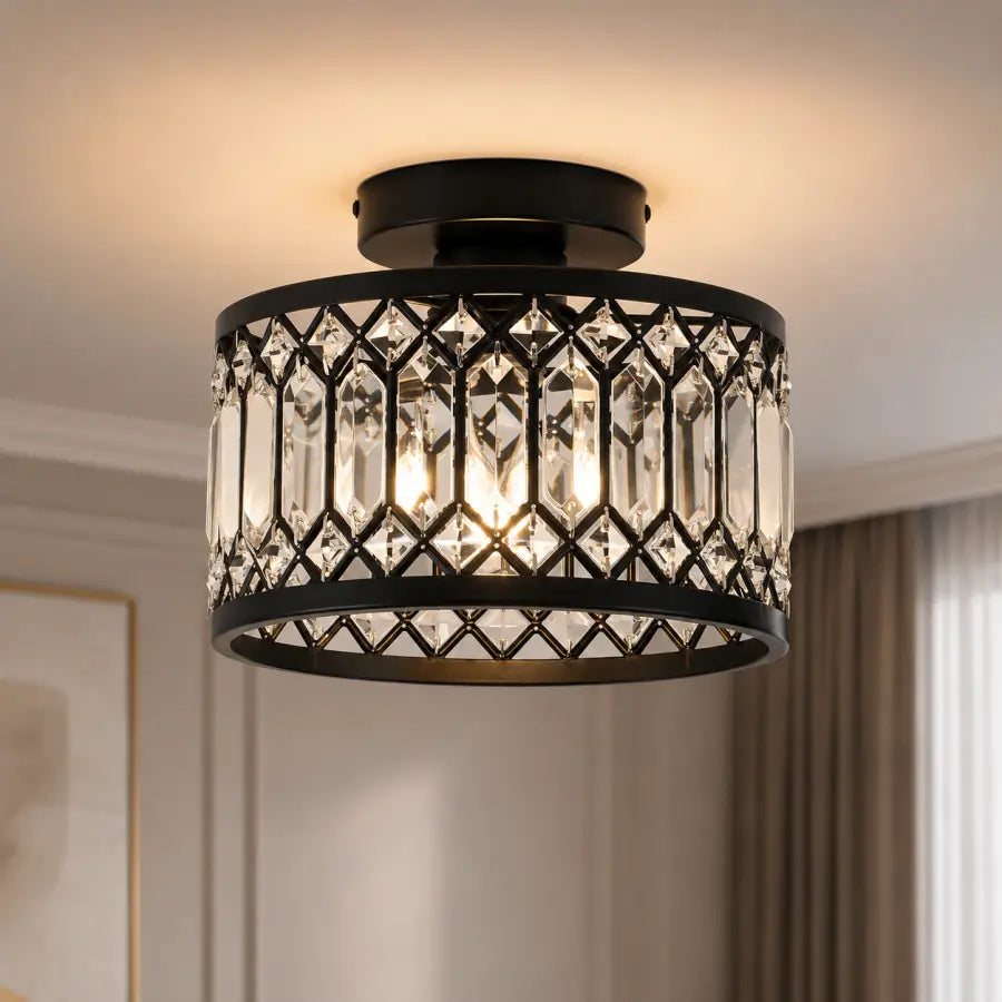 Crystal Ceiling Light Fixture | Modern Black Semi Flush Mount Crystal Chandelier
