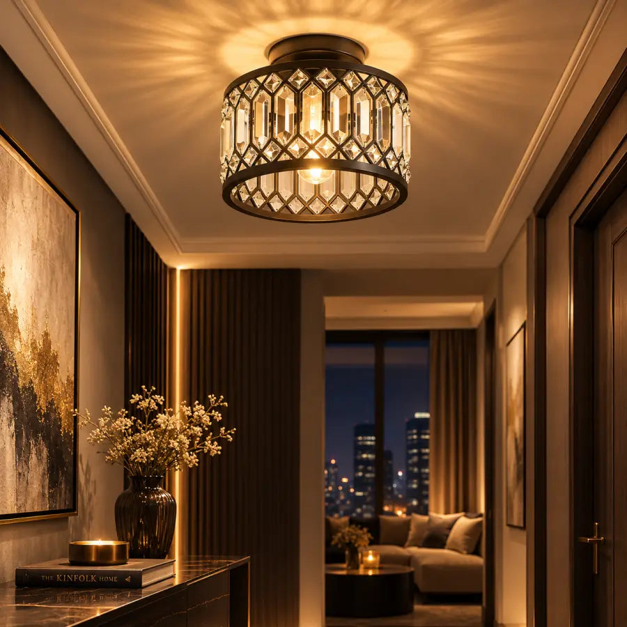 Crystal Ceiling Light Fixture | Modern Black Semi Flush Mount Crystal Chandelier