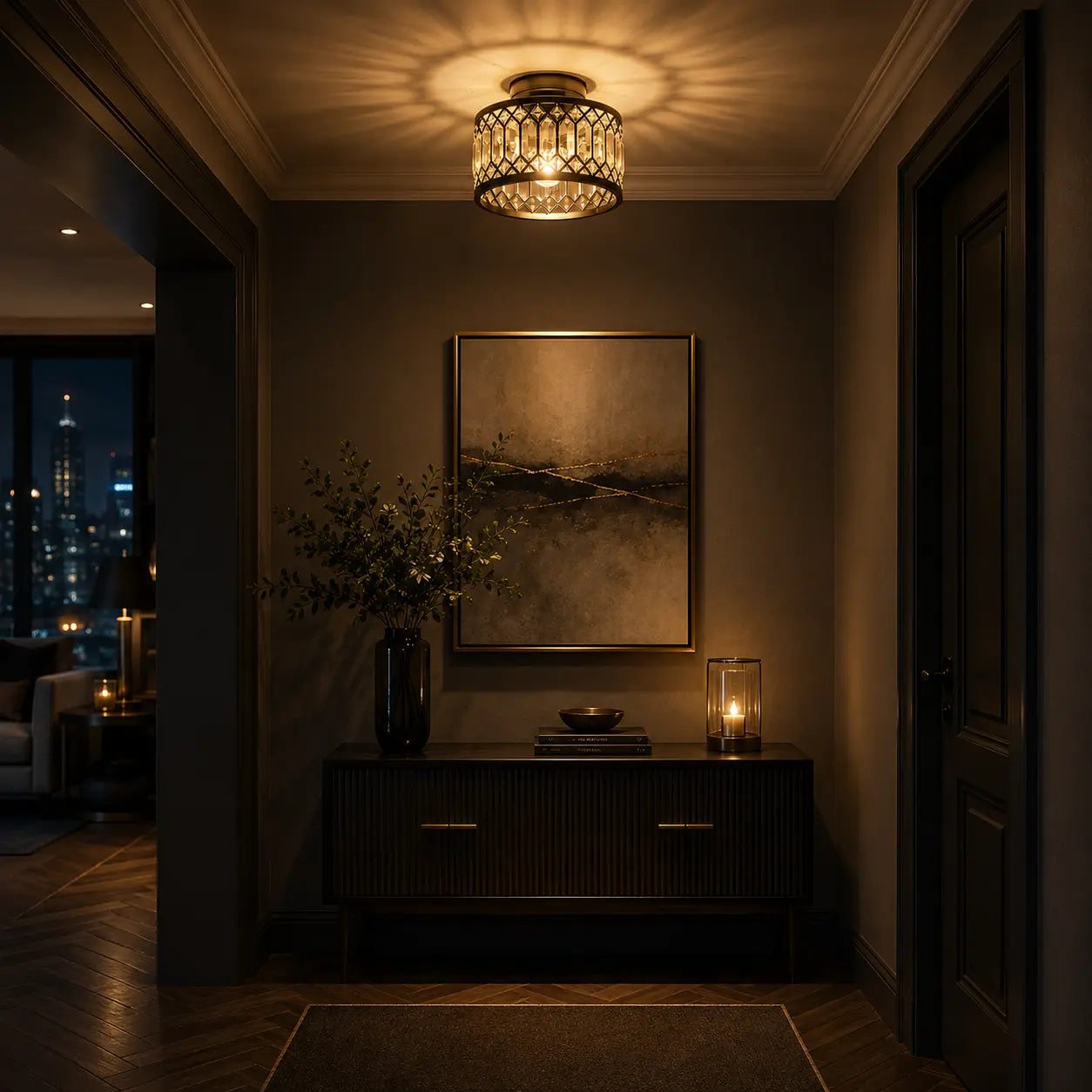 Crystal Ceiling Light Fixture | Modern Black Semi Flush Mount Crystal Chandelier