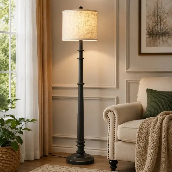 Farmhouse floor lamp with linen fabric shade, LED bulb included, modern standing lamp for living room, bedroom and home office
