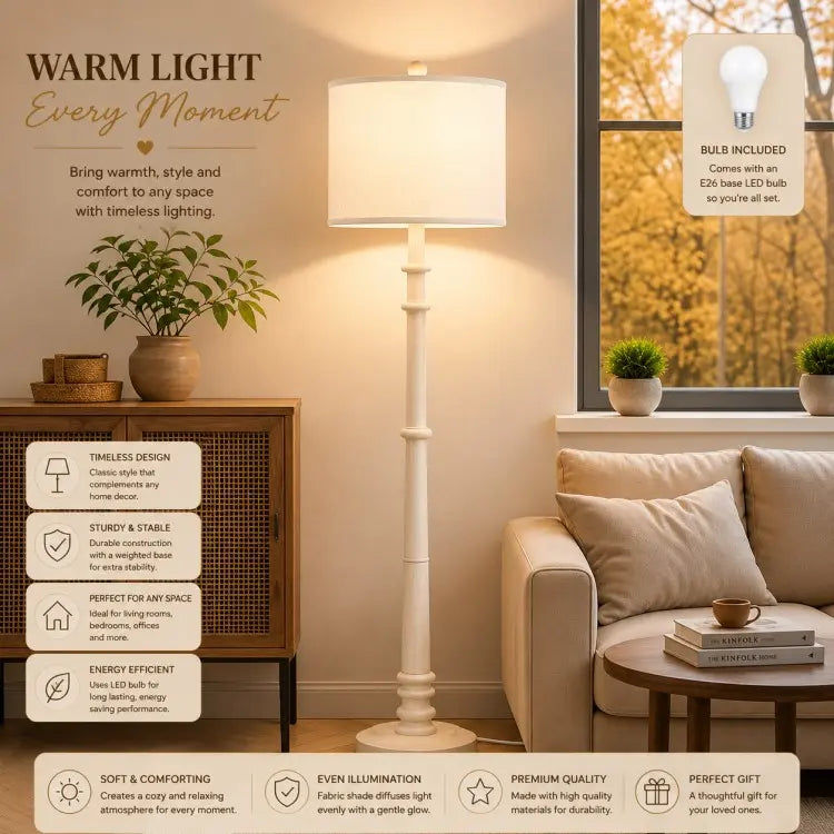 Farmhouse floor lamp with linen fabric shade, LED bulb included, modern standing lamp for living room, bedroom and home office