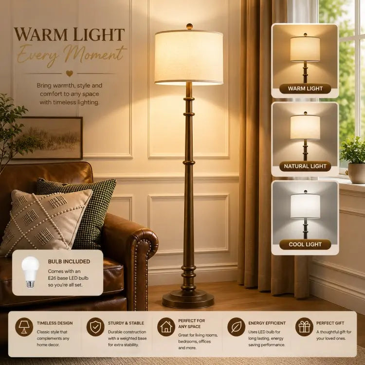 Farmhouse floor lamp with linen fabric shade, LED bulb included, modern standing lamp for living room, bedroom and home office