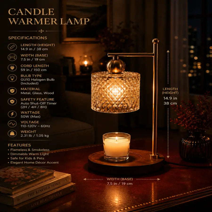 A candle warmer lamp with a lit candle in a clear glass holder, set on a round wooden base under a gold-toned metal frame with a textured glass shade. The scene is styled in a warm, dimly lit room with a book and decorative elements, and the left side includes product specifications text with dimension arrows overlaid.