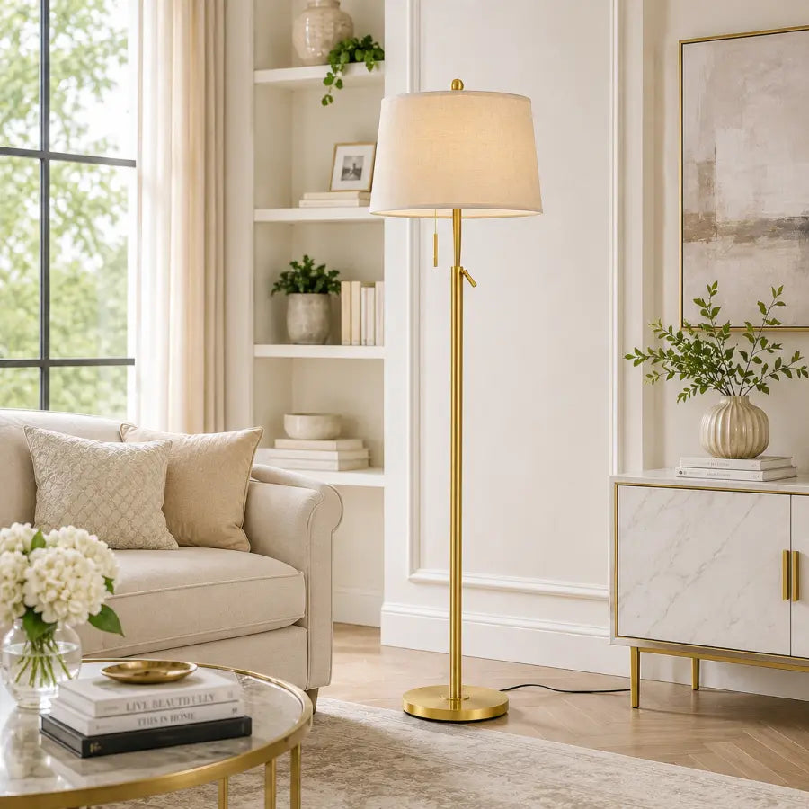Gold Adjustable Floor Lamp for Living Room | 55–65" Modern Brass Standing Lamp with 3 Color LED Light, 9W Bulb Included for Bedroom, Reading Nook & Office
