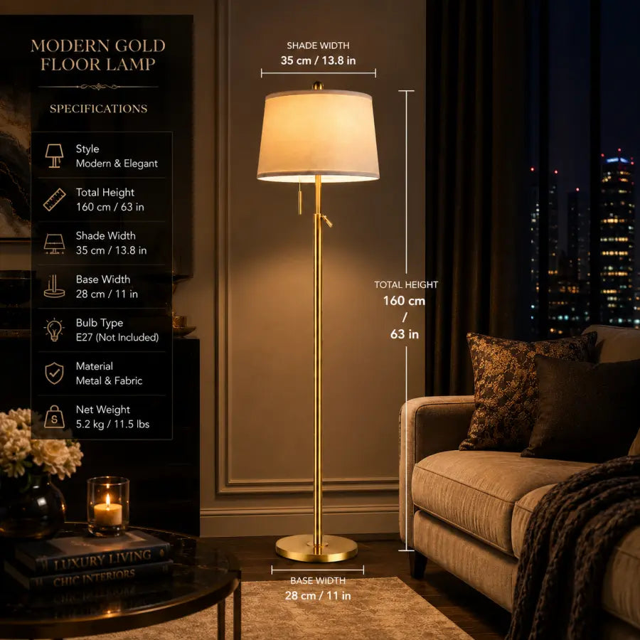 Gold Adjustable Floor Lamp for Living Room | 55–65" Modern Brass Standing Lamp with 3 Color LED Light, 9W Bulb Included for Bedroom, Reading Nook & Office