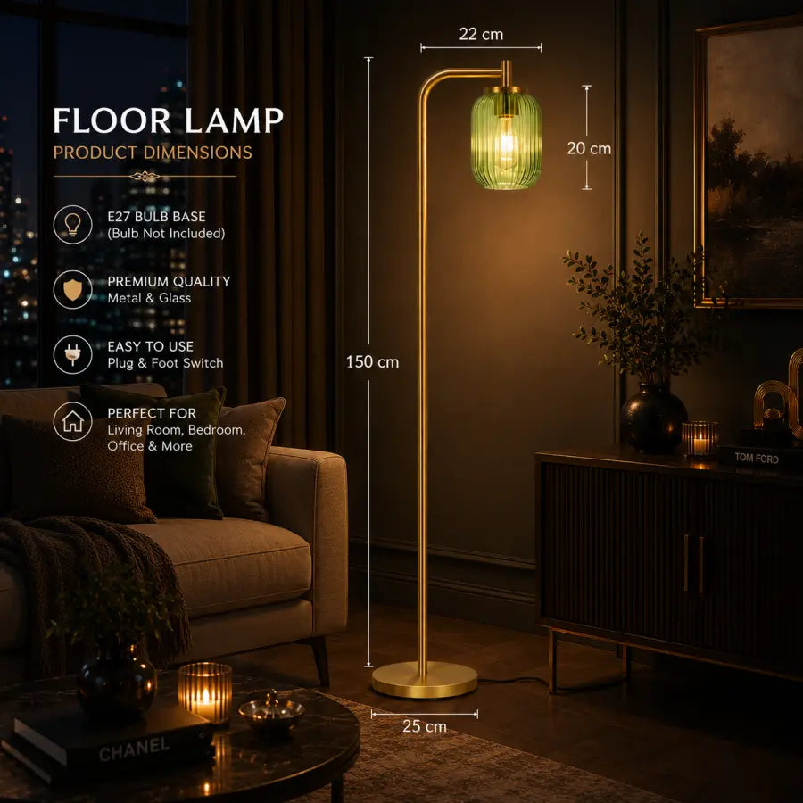 Gold Floor Lamp with Remote Control | Mid Century Modern Green Glass Standing Lamp for Living Room, Bedroom & Office