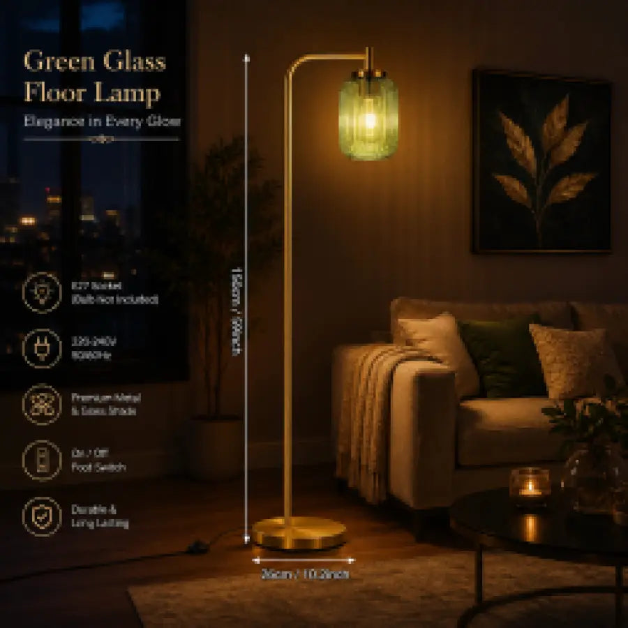 Gold Floor Lamp with Remote Control | Mid Century Modern Green Glass Standing Lamp for Living Room, Bedroom & Office