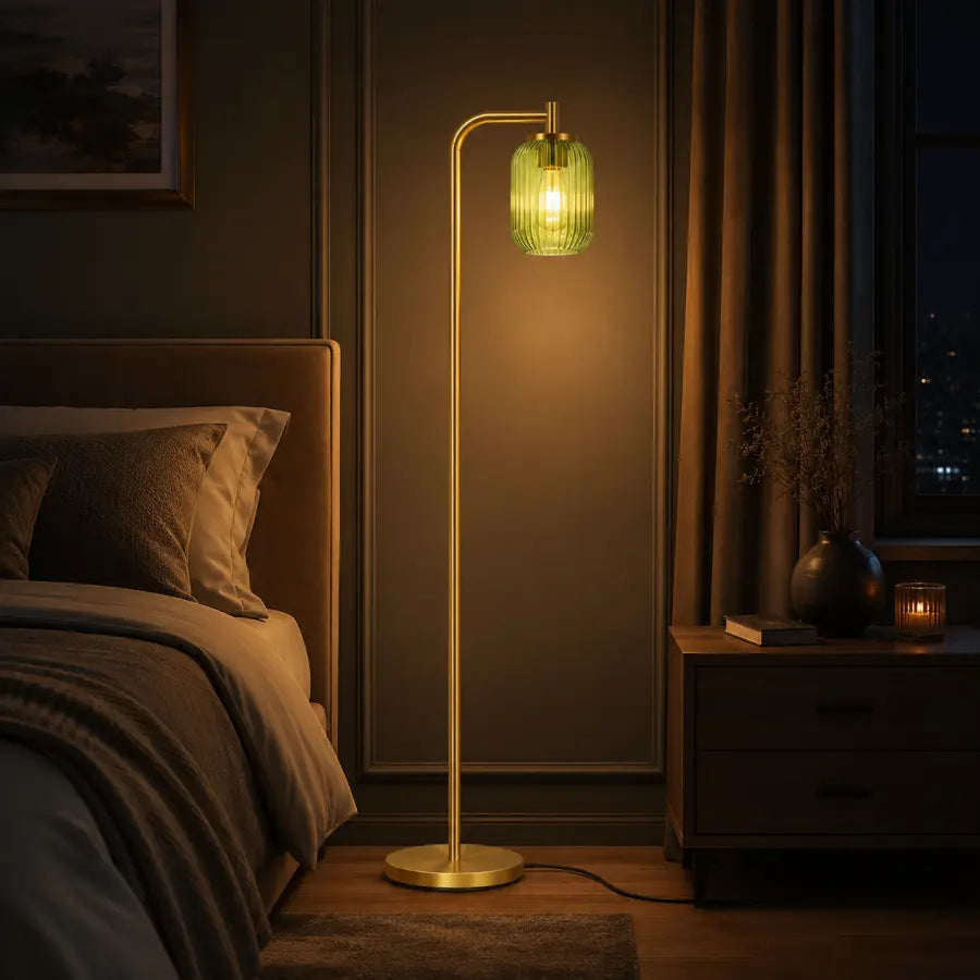 Gold Floor Lamp with Remote Control | Mid Century Modern Green Glass Standing Lamp for Living Room, Bedroom & Office