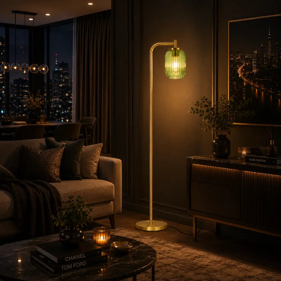 Gold Floor Lamp with Remote Control | Mid Century Modern Green Glass Standing Lamp for Living Room, Bedroom & Office