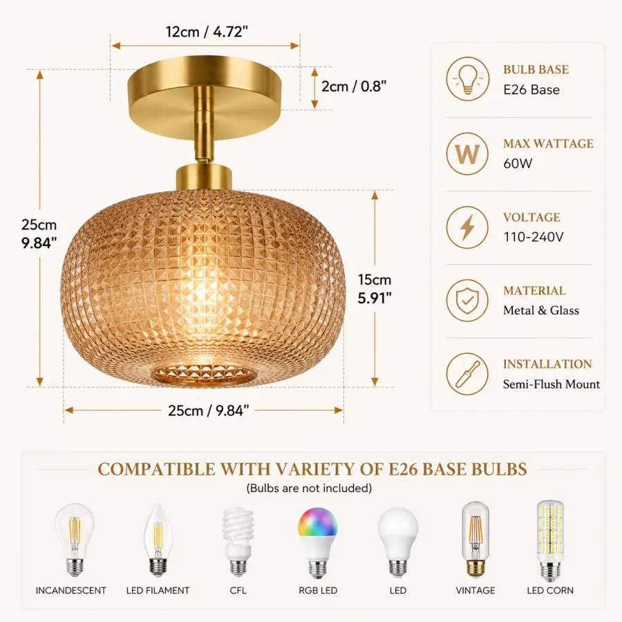 A semi-flush mount ceiling light fixture with a textured, faceted glass shade in a warm gold/bronze finish, shown with dimension labels and product specifications on a light beige background. The image includes bulb base measurements, wattage, voltage, material, and installation details, along with compatible bulb types at the bottom.
