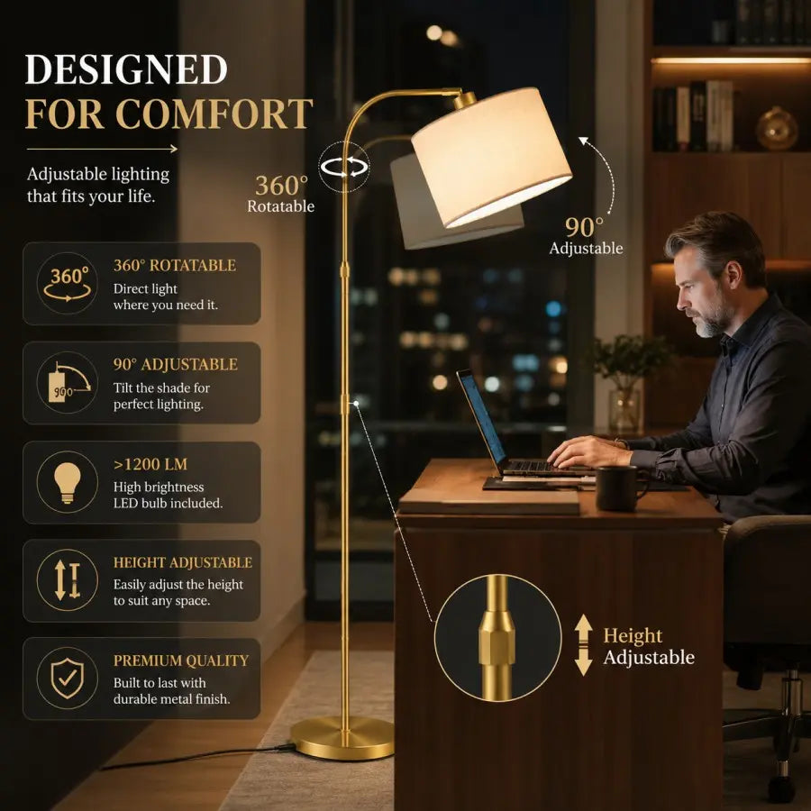 Gold Arc Lamp Floor with LED Edison Bulb Included, 1200 Lumens Modern Standing Lamp for Living Room, Bedroom & Office